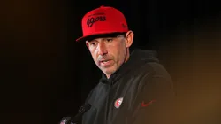 Head coach Kyle Shanahan speaks to the media during San Francisco 49ers media availability ahead of Super Bowl LVIII at Hilton Lake Las Vegas Resort and Spa on February 07, 2024 in Henderson, Nevada.
