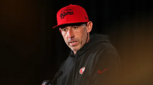 Head coach Kyle Shanahan speaks to the media during San Francisco 49ers media availability ahead of Super Bowl LVIII at Hilton Lake Las Vegas Resort and Spa on February 07, 2024 in Henderson, Nevada.