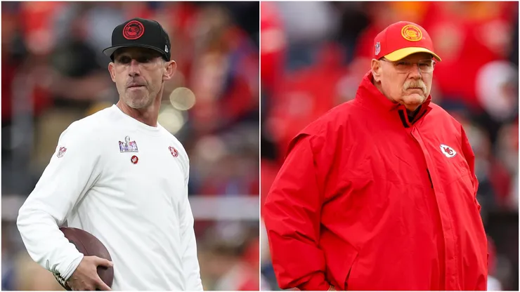 Kyle Shanahan (left) and Andy Reid.