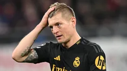 Toni Kroos of Real Madrid reacts during the UEFA Champions League 2023/24 round of 16 first leg match between RB Leipzig and Real Madrid CF at Red Bull Arena on February 13, 2024 in Leipzig, Germany.