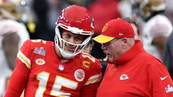 Patrick Mahomes #15 of the Kansas City Chiefs talks with head coach Andy Reid before Super Bowl LVIII against the San Francisco 49ers at Allegiant Stadium on February 11, 2024 in Las Vegas, Nevada.