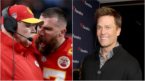 Travis Kelce yelling at Andy Reid (left) and Tom Brady.