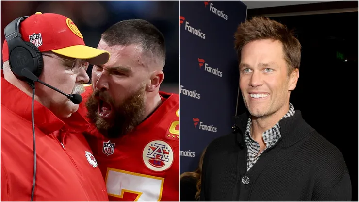 Travis Kelce yelling at Andy Reid (left) and Tom Brady.