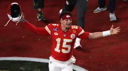 Patrick Mahomes #15 of the Kansas City Chiefs celebrates after defeating the San Francisco 49ers 25-22 in overtime during Super Bowl LVIII at Allegiant Stadium on February 11, 2024 in Las Vegas, Nevada.