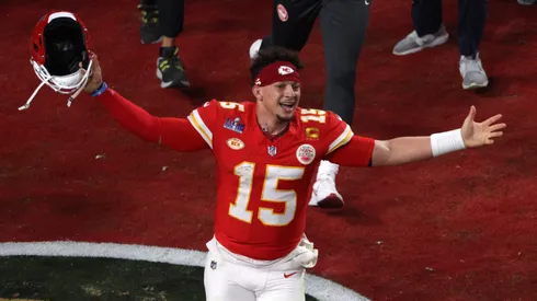 Patrick Mahomes #15 of the Kansas City Chiefs celebrates after defeating the San Francisco 49ers 25-22 in overtime during Super Bowl LVIII at Allegiant Stadium on February 11, 2024 in Las Vegas, Nevada.