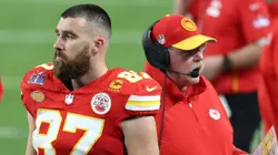 Travis Kelce #87 and Head coach Andy Reid of the Kansas City Chiefs look on in the second quarter against the San Francisco 49ers during Super Bowl LVIII at Allegiant Stadium on February 11, 2024 in Las Vegas, Nevada.