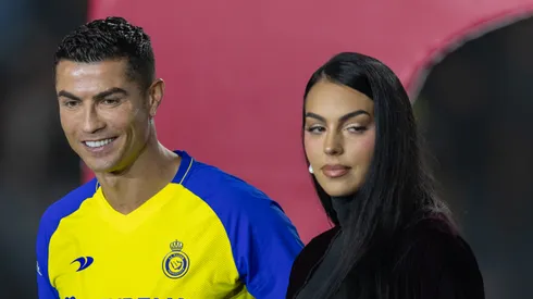 Cristiano Ronaldo accompanied by his partner Georgina Rodriguez and his son Cristiano Ronaldo Jr, greet the crowd during the official unveiling of Cristiano Ronaldo as an Al Nassr player at Mrsool Park Stadium on January 3, 2023 in Riyadh, Saudi Arabia.