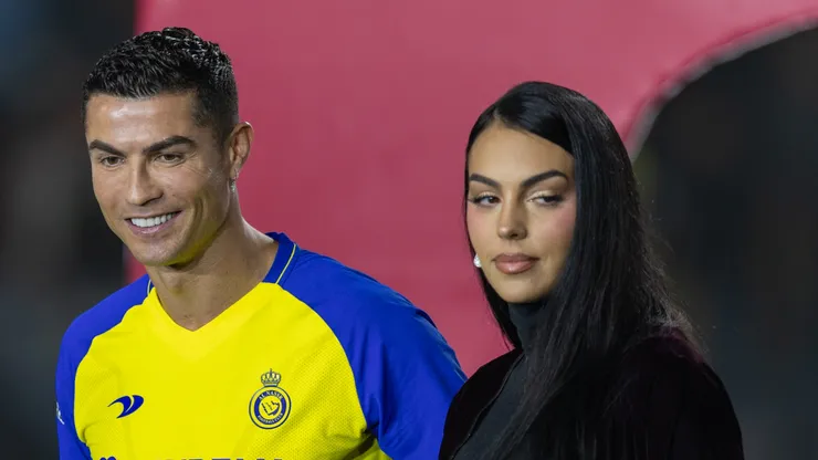 Cristiano Ronaldo accompanied by his partner Georgina Rodriguez and his son Cristiano Ronaldo Jr, greet the crowd during the official unveiling of Cristiano Ronaldo as an Al Nassr player at Mrsool Park Stadium on January 3, 2023 in Riyadh, Saudi Arabia.