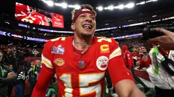 Patrick Mahomes #15 of the Kansas City Chiefs celebrates after defeating the San Francisco 49ers 25-22 d during Super Bowl LVIII at Allegiant Stadium on February 11, 2024 in Las Vegas, Nevada.