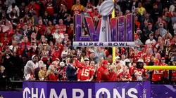 Patrick Mahomes #15 of the Kansas City Chiefs holds the Lombardi Trophy after defeating the San Francisco 49ers 25-22 in overtime during Super Bowl LVIII at Allegiant Stadium on February 11, 2024 in Las Vegas, Nevada.