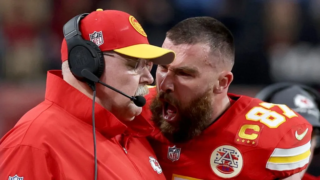 Travis Kelce #87 of the Kansas City Chiefs reacts at Head coach Andy Reid in the first half against the San Francisco 49ers during Super Bowl LVIII at Allegiant Stadium on February 11, 2024 in Las Vegas, Nevada
