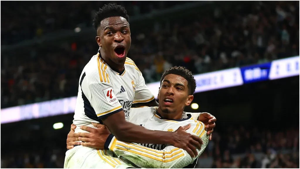 Vinicius Junior of Real Madrid celebrates with Jude Bellingham – Florencia Tan Jun/Getty Images