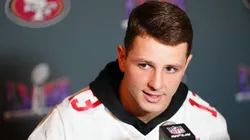 Brock Purdy addresses the media.