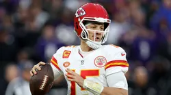Patrick Mahomes #15 of the Kansas City Chiefs looks to pass against the Baltimore Ravens during the second quarter in the AFC Championship Game at M&T Bank Stadium on January 28, 2024 in Baltimore, Maryland.