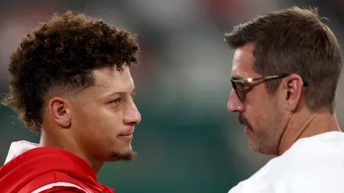 Patrick Mahomes #15 of the Kansas City Chiefs talks with injured Aaron Rodgers #8 of the New York Jets prior to the game at MetLife Stadium on October 01, 2023 in East Rutherford, New Jersey.