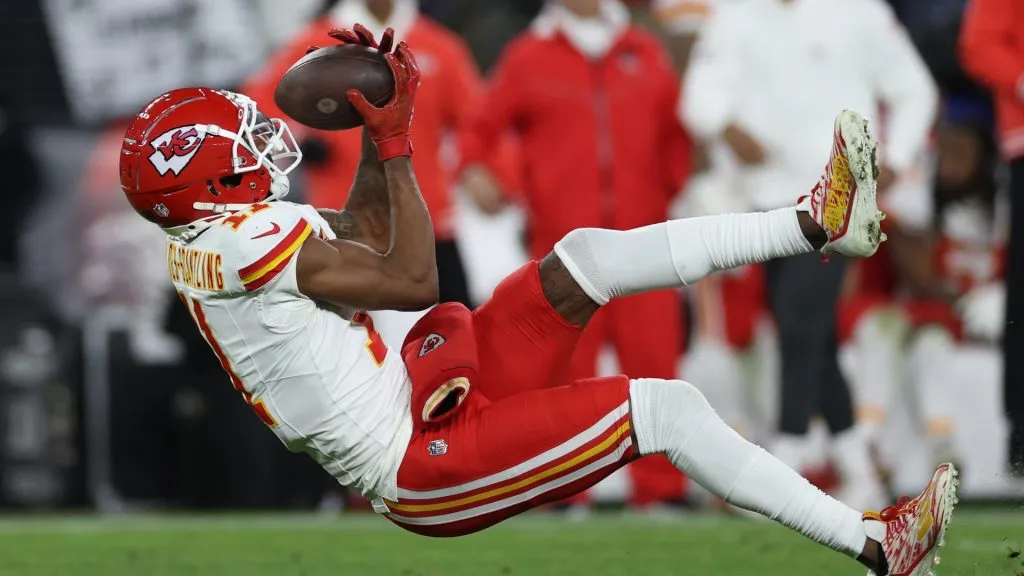 Marquez Valdes-Scantling #11 of the Kansas City Chiefs makes a catch against the Baltimore Ravens during the fourth quarter of the AFC Championship Game at M&amp;T Bank Stadium on January 28, 2024 in Baltimore, Maryland.
