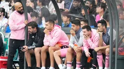 Messi watching Inter Miami's friendly in Hong Kong on the bench.