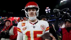 Patrick Mahomes #15 of the Kansas City Chiefs reacts after a 17-10 victory against the Baltimore Ravens in the AFC Championship Game at M&T Bank Stadium on January 28, 2024 in Baltimore, Maryland.