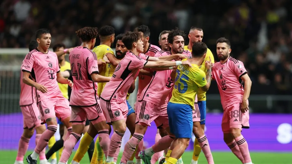 The players of Al-Nassr and Inter Miami clash during the Riyadh Season Cup match between Al-Nassr and Inter Miami at Kingdom Arena on February 01, 2024 in Riyadh, Saudi Arabia.