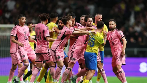 The players of Al-Nassr and Inter Miami clash during the Riyadh Season Cup match between Al-Nassr and Inter Miami at Kingdom Arena on February 01, 2024 in Riyadh, Saudi Arabia.