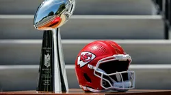 The Vince Lombardy trophy and an autographed helmet are prepared for U.S. President Joe Biden hosting the NFL Super Bowl champions Kansas City Chiefs on May 31, 2024.
