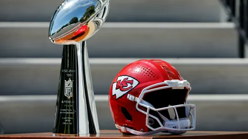 The Vince Lombardy trophy and an autographed helmet are prepared for U.S. President Joe Biden hosting the NFL Super Bowl champions Kansas City Chiefs on May 31, 2024.