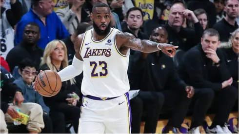 LeBron James running the offense for the Los Angeles Lakers.