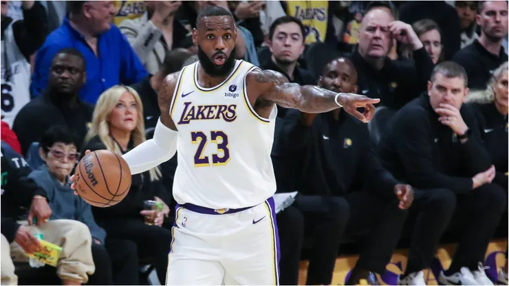 LeBron James running the offense for the Los Angeles Lakers.