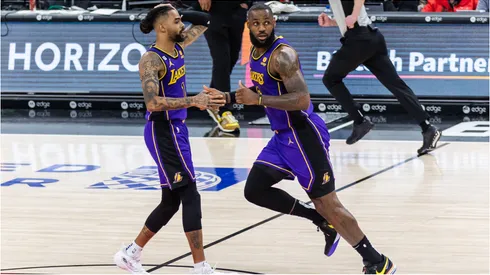 D'Angelo Russell and LeBron James getting back on defense.