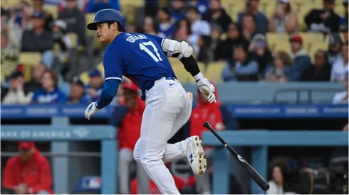 Los Angeles Dodgers star Shohei Ohtani runs to first base after a getting a hit.