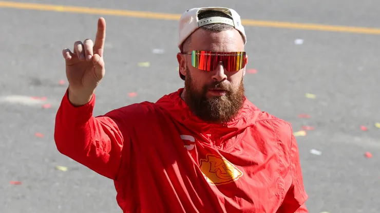 Travis Kelce celebrating the 2024 Super Bowl win.
