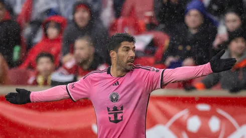 Luis Suarez #9 of Inter Miami reacts to a call in the second half of the Major League Soccer Match against the New York Red Bulls at Red Bull Arena on March 23, 2024 in Harrison, New Jersey.