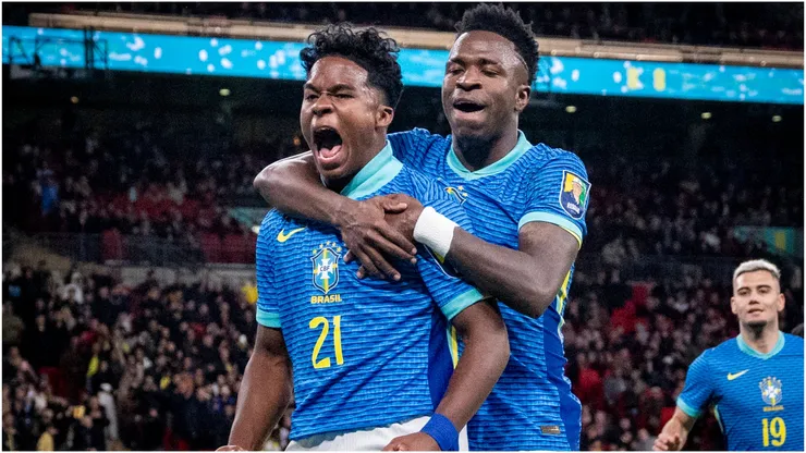 Brazil's Endrick celebrates with Vini Jr