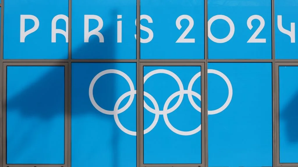 The Paris 2024 logo, representing the Olympic and Paralympic games, is seen 128 Days prior to the start of the Paris 2024 Olympic and Paralympic games on March 20, 2024 in Lille, France