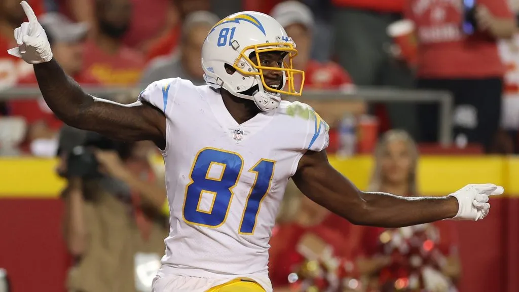 Mike Williams #81 of the Los Angeles Chargers celebrates after scoring a touchdown during the third quarter against the Kansas City Chiefs at Arrowhead Stadium on September 15, 2022 in Kansas City, Missouri.