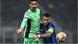 Stefan Savic of Atletico Madrid and Lautaro Martinez of Inter