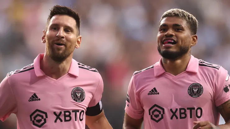 Josef Martínez #17 of Inter Miami CF celebrates with Lionel Messi #10 after a goal in the first half during the Leagues Cup 2023 semifinals match between Inter Miami CF and Philadelphia Union at Subaru Park on August 15, 2023 in Chester, Pennsylvania.