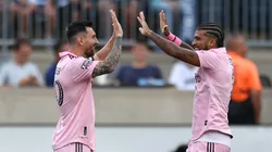 Lionel Messi #10 of Inter Miami CF celebrates his goal with DeAndre Yedlin #2 in the first half during the Leagues Cup 2023 semifinals match between Inter Miami CF and Philadelphia Union at Subaru Park on August 15, 2023 in Chester, Pennsylvania.