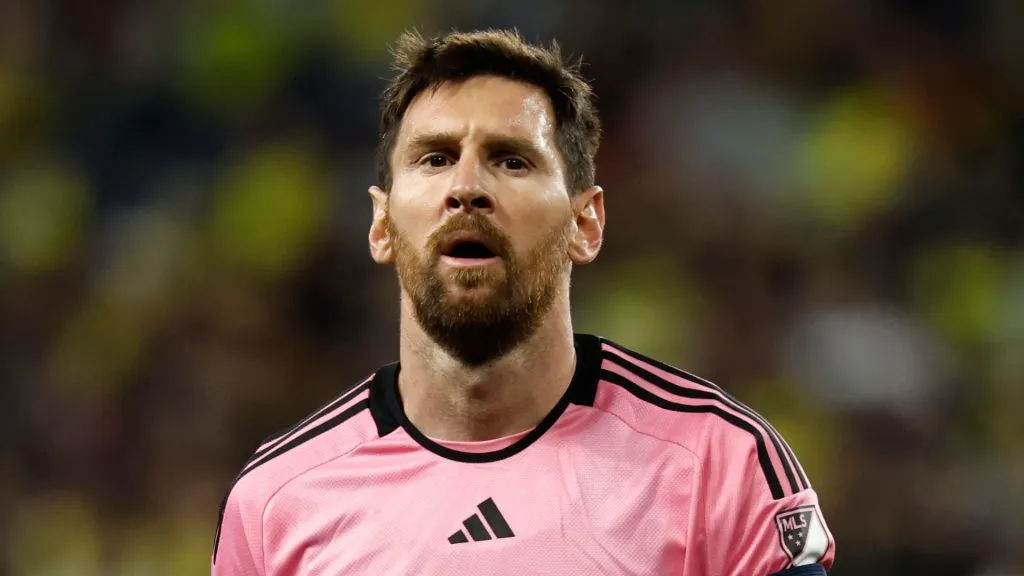 Lionel Messi #10 of Inter Miami CF reacts against Nashville SC during the second half of the Concacaf Champions Cup Leg One Round of 16 match at GEODIS Park on March 07, 2024 in Nashville, Tennessee.