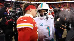 Patrick Mahomes #15 of the Kansas City Chiefs greets Tua Tagovailoa #1 of the Miami Dolphins after the Chiefs defeated the Dolphins 26-7 in the AFC Wild Card Playoffs at GEHA Field at Arrowhead Stadium on January 13, 2024 in Kansas City, Missouri.