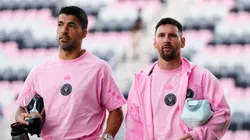 Luis Suárez #9 and Lionel Messi #10 of Inter Miami CF arrive before a friendly match against Newell's Old Boys at DRV PNK Stadium on February 15, 2024 in Fort Lauderdale, Florida.