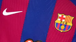 Detail of the Barcelona t-shirt prior the LaLiga EA Sports match between FC Barcelona and Real Madrid CF at Estadi Olimpic Lluis Companys on October 28, 2023 in Barcelona, Spain