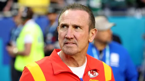 Steve Spagnuolo of the Chiefs looks on prior to Super Bowl LVII.