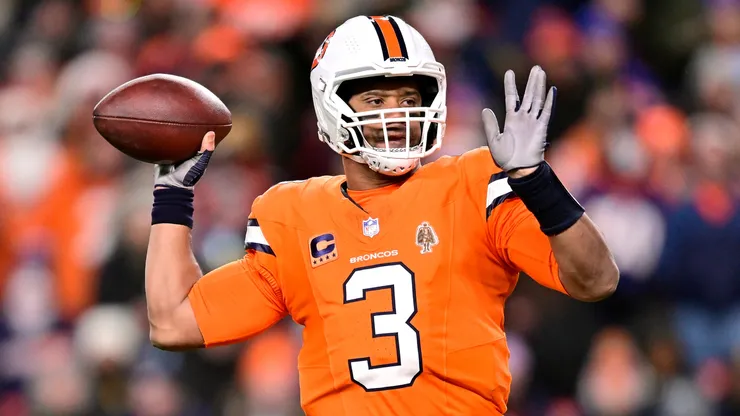 Russell Wilson #3 of the Denver Broncos passes during the 1st quarter of the game against the New England Patriots at Empower Field At Mile High on December 24, 2023 in Denver, Colorado.