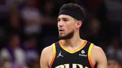 Devin Booker #1 of the Phoenix Suns reacts during the second half of game four of the Western Conference First Round Playoffs at Footprint Center on April 28, 2024 in Phoenix, Arizona.The Timberwolves defeated the Suns 122-116 and win the series 4-0.