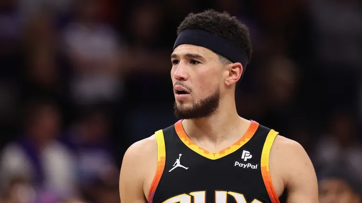 Devin Booker #1 of the Phoenix Suns reacts during the second half of game four of the Western Conference First Round Playoffs at Footprint Center on April 28, 2024 in Phoenix, Arizona.The Timberwolves defeated the Suns 122-116 and win the series 4-0.