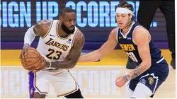 Aaron Gordon of the Denver Nuggets defends against LeBron James of the Los Angeles Lakers