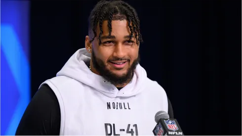 Tyler Guyton gives an interview at the NFL Scouting Combine.