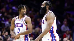 Tyrese Maxey #0 and James Harden #1 of the Philadelphia 76ers look on during the fourth quarter against the Cleveland Cavaliers at Wells Fargo Center on February 15, 2023 in Philadelphia, Pennsylvania.
