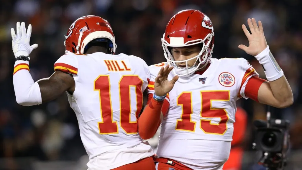Tyreek Hill #10 of the Miami Dolphins celebrates after scoring a touchdown during the second quarter against the Kansas City Chiefs in the AFC Wild Card Playoffs at GEHA Field at Arrowhead Stadium on January 13, 2024 in Kansas City, Missouri. 